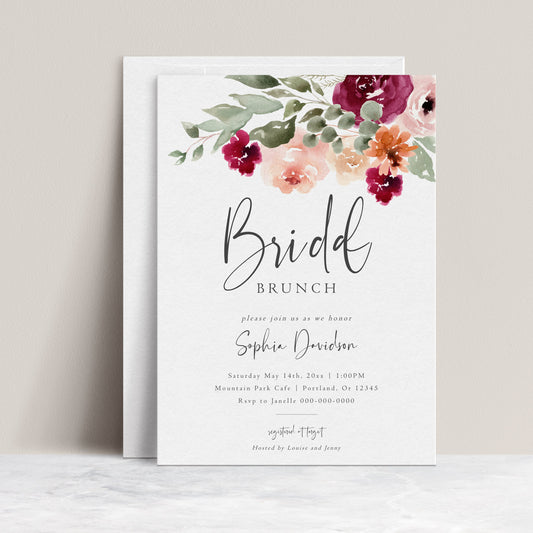 Fall floral bridal shower invitation with watercolor flowers and elegant script text | www.foreveryourprints.com