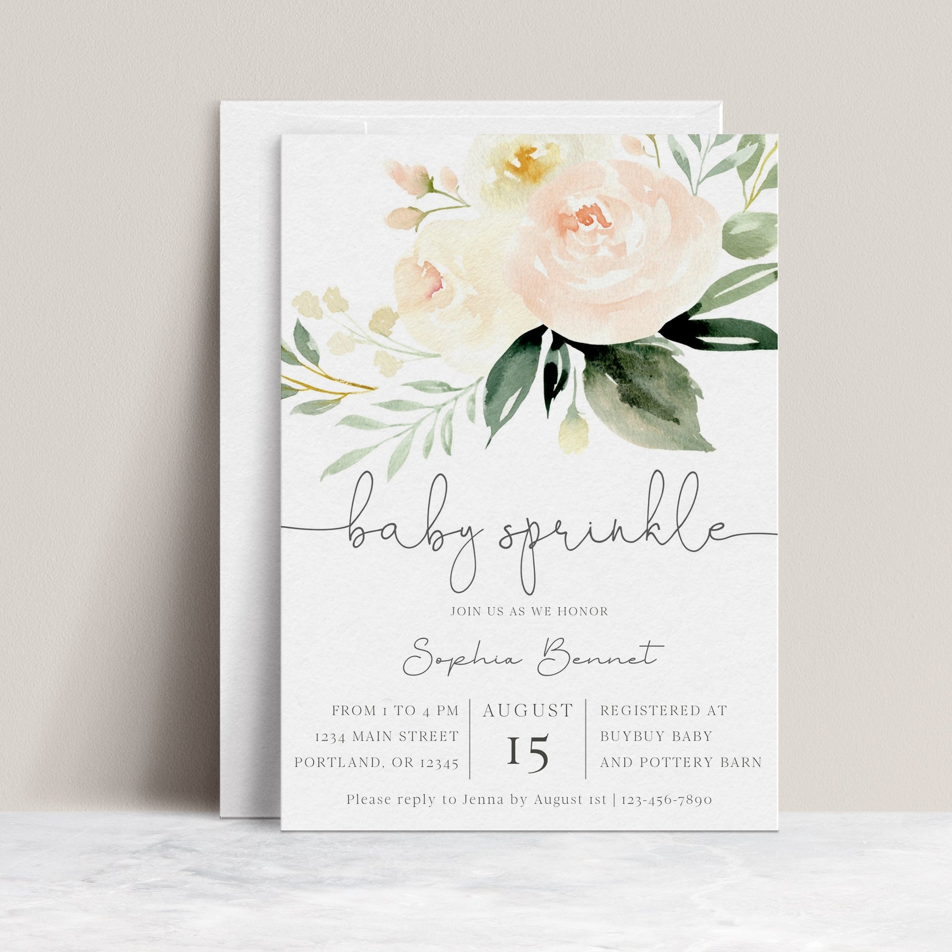 Peach and cream floral baby sprinkle invitation template with oversized watercolor peonies and dark green botanicals, editable in Canva