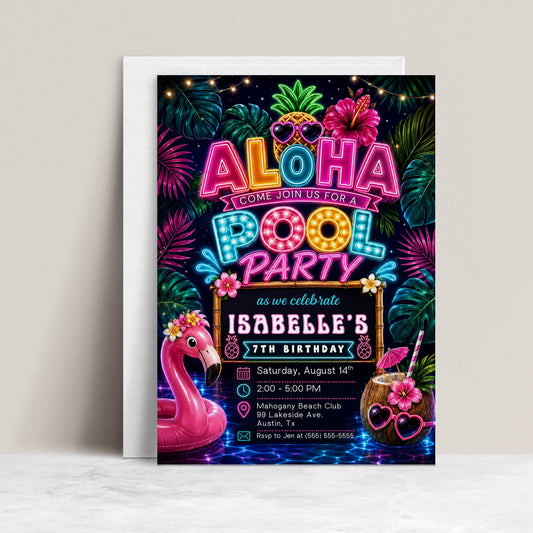 Neon Aloha pool party birthday invitation featuring a glowing pineapple, pink flamingo float, hibiscus flowers, palm trees and colorful tropical lights.

