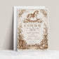 Cowboy baby shower invitation with a brown rocking horse, cowboy boots and hat, rustic barn, and neutral floral border