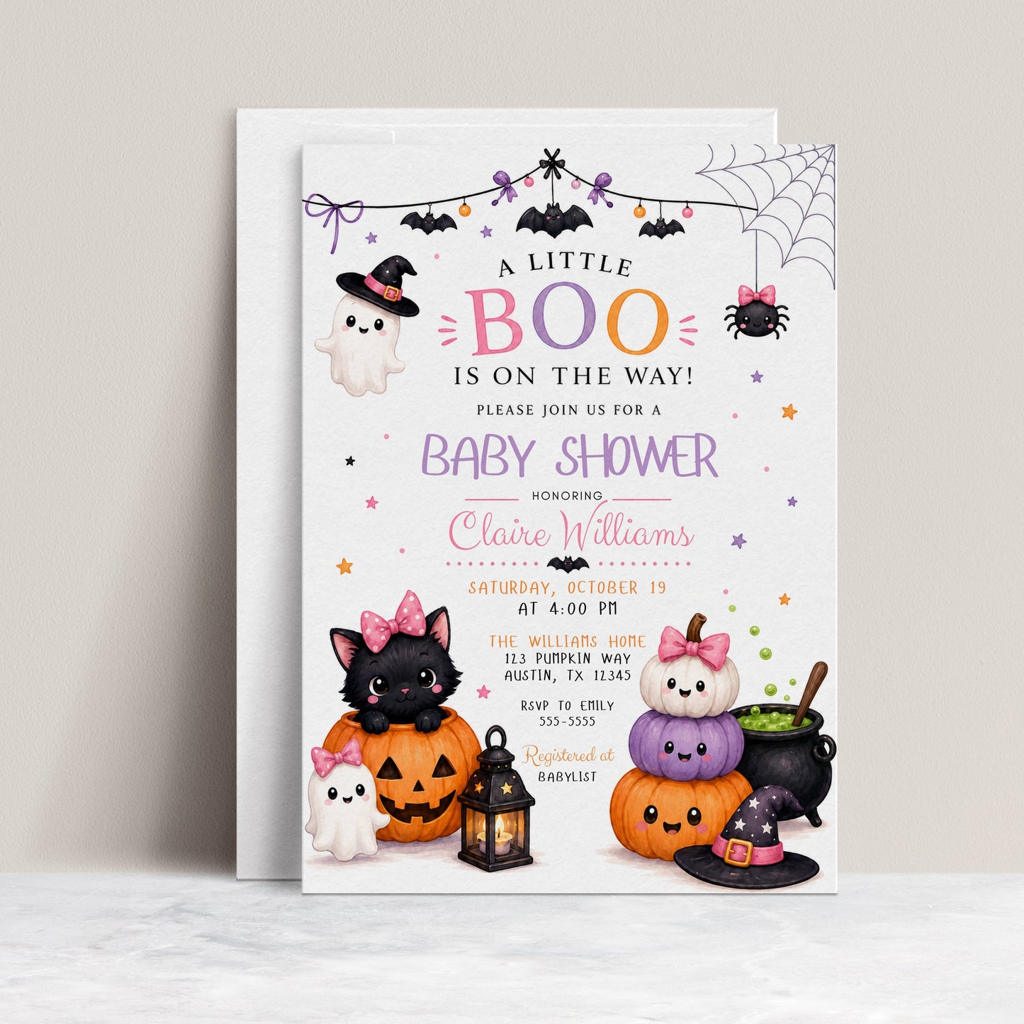 Halloween girl baby shower invitation with cute ghost, black cat, pumpkins, pink bows, bats, spiderwebs, witch hats, cauldron, and spooky-cute baby shower details