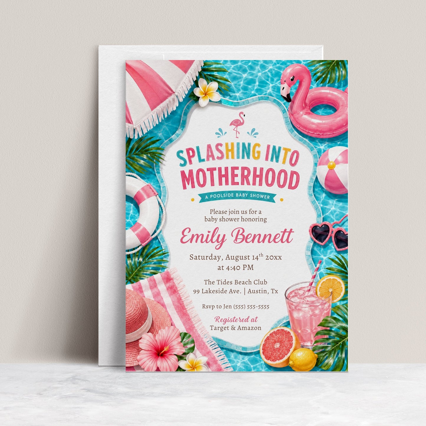 Poolside baby shower invitation with a flamingo float, beach ball, and tropical drinks in pink and aqua