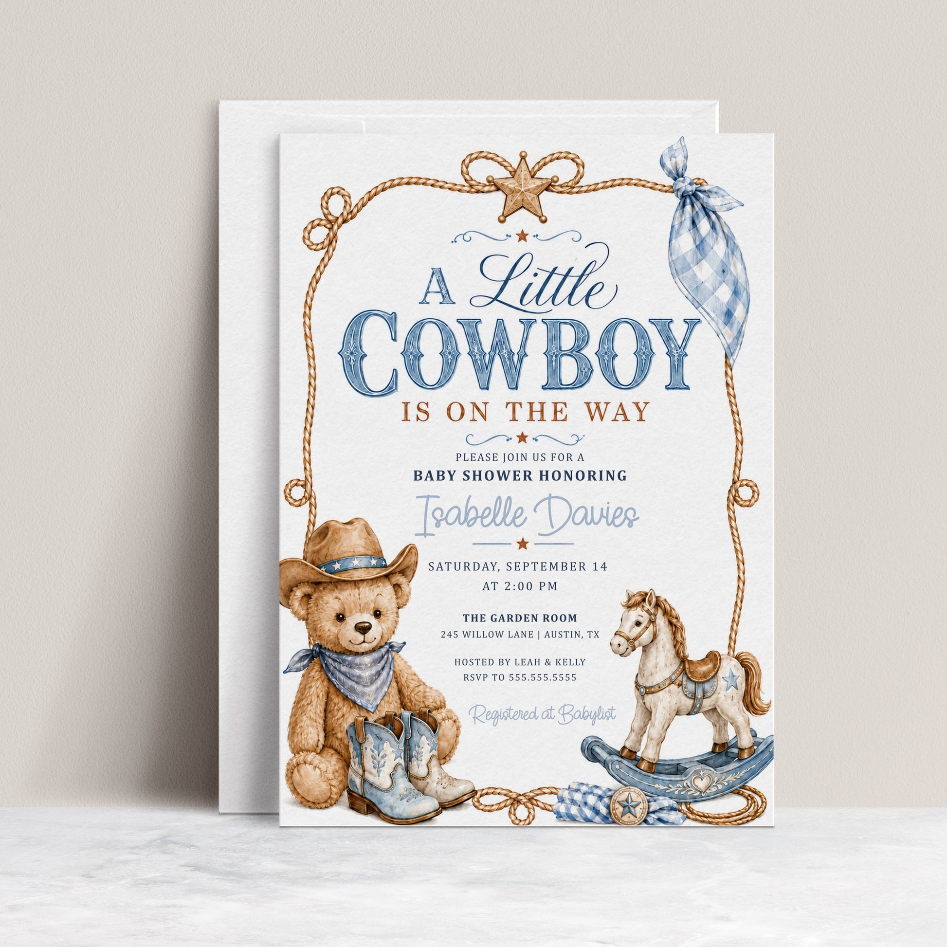 Little cowboy baby shower invitation with teddy bear cowboy, blue cowboy boots, rocking horse, rope border, sheriff star, gingham bandana, and western details