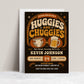 Huggies and Chuggies baby shower invitation with diaper, beer mug, retro typography, orange and cream colors, and vintage man shower party details
