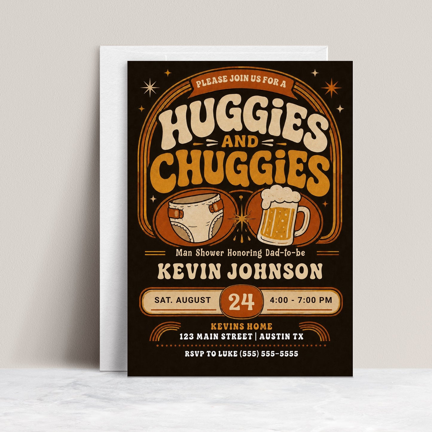 Huggies and Chuggies baby shower invitation with diaper, beer mug, retro typography, orange and cream colors, and vintage man shower party details