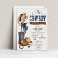 Editable hobby horse cowboy baby shower invitation Canva template with illustrated hobby horse, denim bandana bow, blue cowboy boots, tan hat, horseshoe, and bronze star with bold navy distressed typography on a cream background