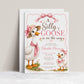 Editable silly goose baby shower invitation Canva template with illustrated mama goose in straw hat and polka dot bow, baby gosling with pink ruffle bow, wildflowers, and satin pink bow frame on a white background
