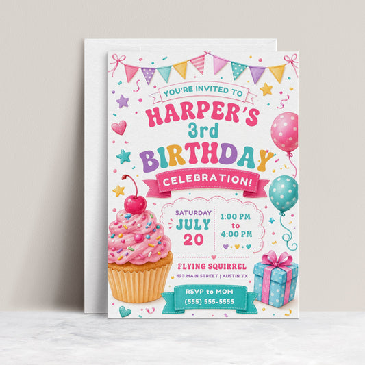 Cupcake birthday invitation with pink frosted cupcake, sprinkles, balloons, party banner, gift box, stars, confetti, hearts, and colorful pastel details