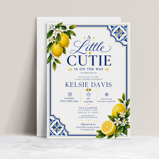 Lemon baby shower invitation with Mediterranean blue tiles and citrus in blue and yellow