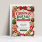 Christmas bake sale flyer with red and green lettering, gingerbread cookies, cupcakes, brownies, festive bows, and baking tools