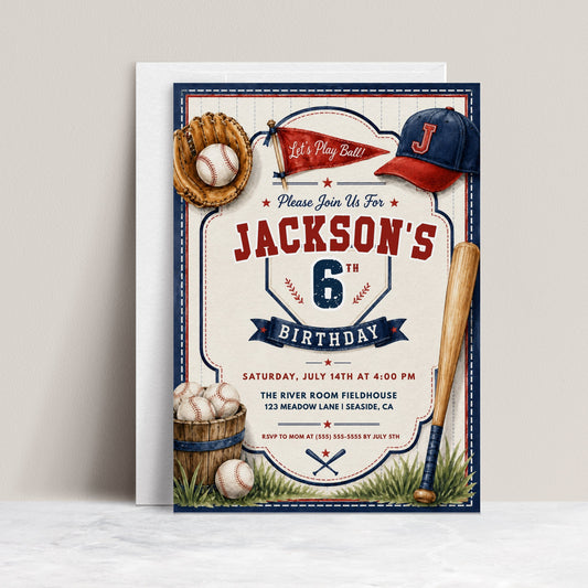 Baseball birthday invitation featuring a glove, baseballs, bat, cap, pennant flag, home plate design and red and navy sports details.

