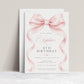 Pink bow birthday invitation for girls featuring a large blush pink ribbon, flowing bow tails and elegant pink and black typography.
