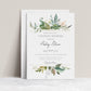 Greenery botanical couples shower invitation template with watercolor tropical leaves, gold line borders, and peach floral accent, editable in Canva