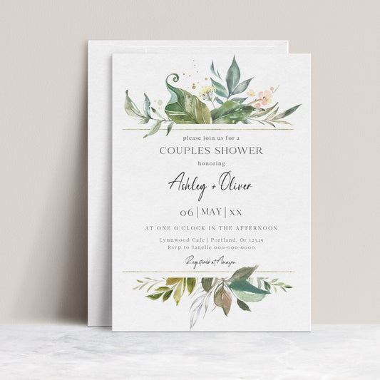 Greenery botanical couples shower invitation template with watercolor tropical leaves, gold line borders, and peach floral accent, editable in Canva