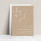 Gender reveal invitation with beige background and white script, editable online with Corjl | www.foreveryourprints.com