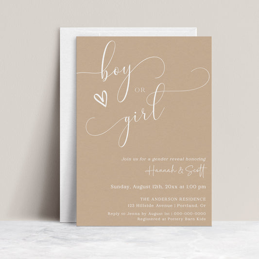 Gender reveal invitation with beige background and white script, editable online with Corjl | www.foreveryourprints.com