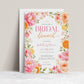 Editable citrus floral bridal brunch invitation Canva template with watercolour peonies, garden roses, cherry blossoms, and orange slices in pink, coral, and peach tones on a white background