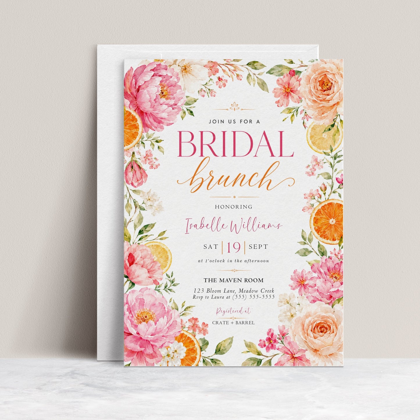 Editable citrus floral bridal brunch invitation Canva template with watercolour peonies, garden roses, cherry blossoms, and orange slices in pink, coral, and peach tones on a white background