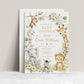 Editable safari baby shower invitation Canva template with watercolour monkey, giraffe, elephant, lion cub, and zebra surrounded by eucalyptus, tropical leaves, and cream wildflowers on a white background