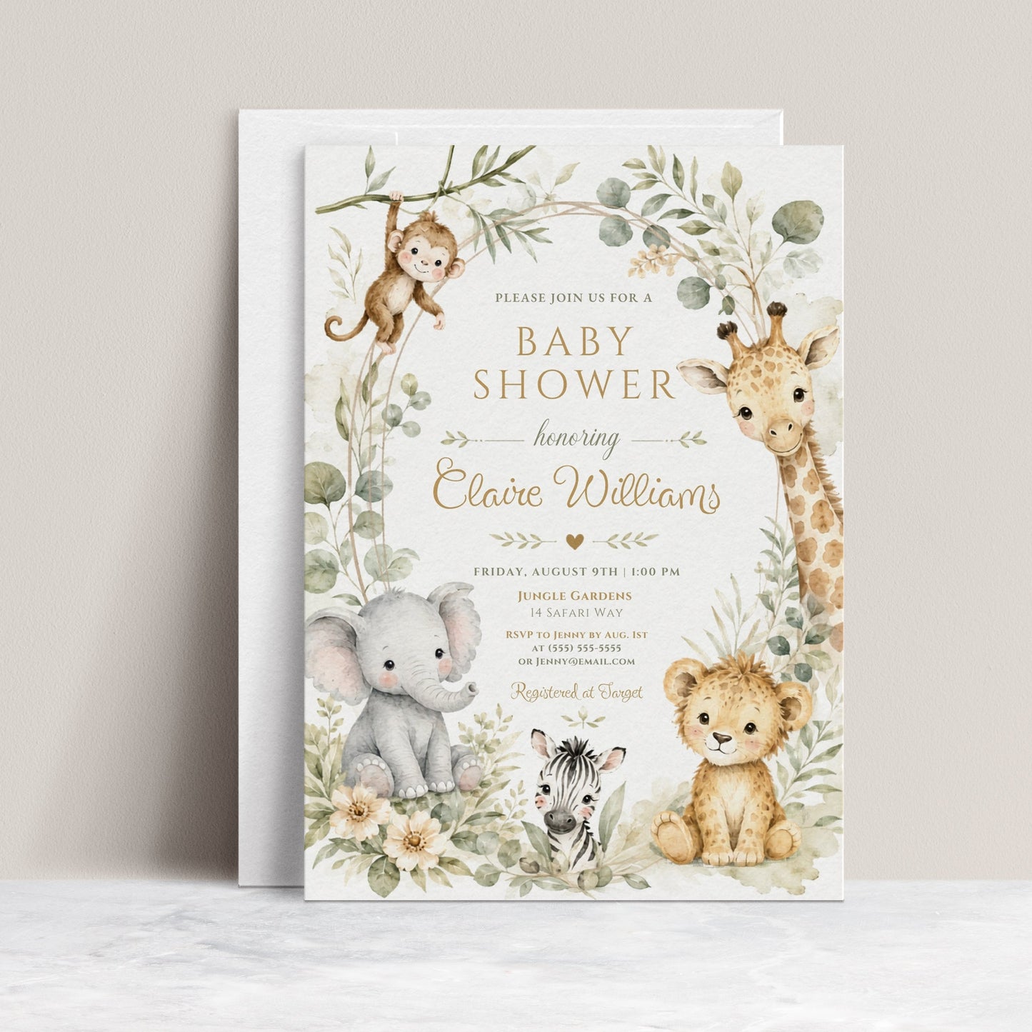 Editable safari baby shower invitation Canva template with watercolour monkey, giraffe, elephant, lion cub, and zebra surrounded by eucalyptus, tropical leaves, and cream wildflowers on a white background