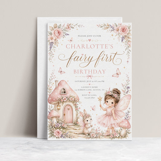 Fairy first birthday invitation with pink fairy, mushroom cottage, butterflies, flowers, bunny, and whimsical woodland birthday party details