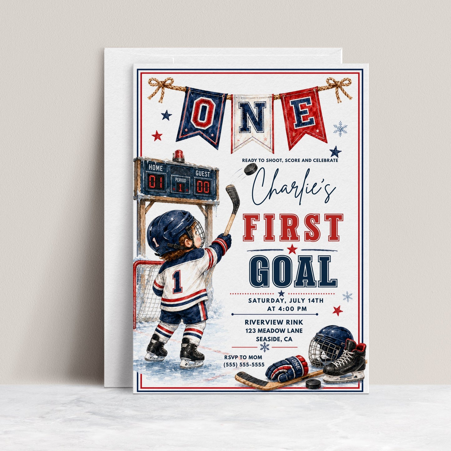 Hockey first birthday invitation with toddler hockey player, goal net, scoreboard, skates, puck, stick, helmet, gloves, snowflakes, and red navy sports details