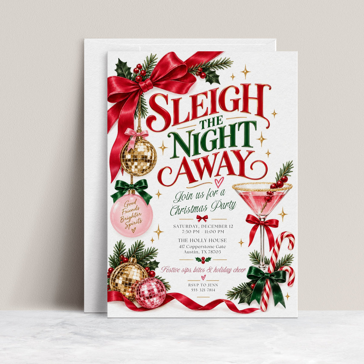 Christmas cocktail party invitation with Sleigh the Night Away lettering, a pink martini, gold and pink disco balls, ribbon bows, and evergreen sprigs
