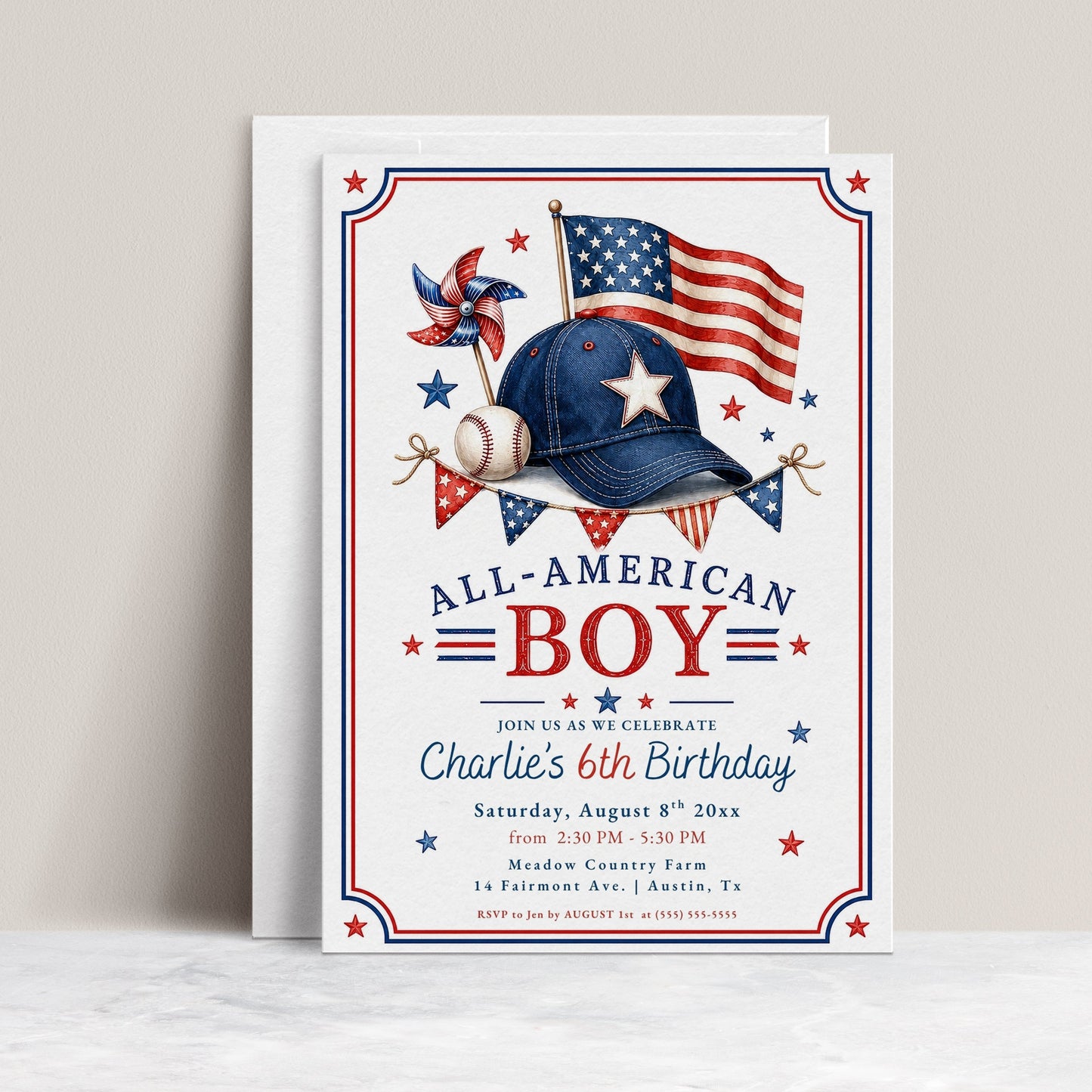 All-American boy birthday invitation featuring a navy baseball cap, American flag, baseball, pinwheel, bunting and red, white and blue stars.