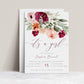 It's a girl burgundy and blush floral baby shower invitation template with watercolor roses in burgundy, peach, and sage green, editable in Canva