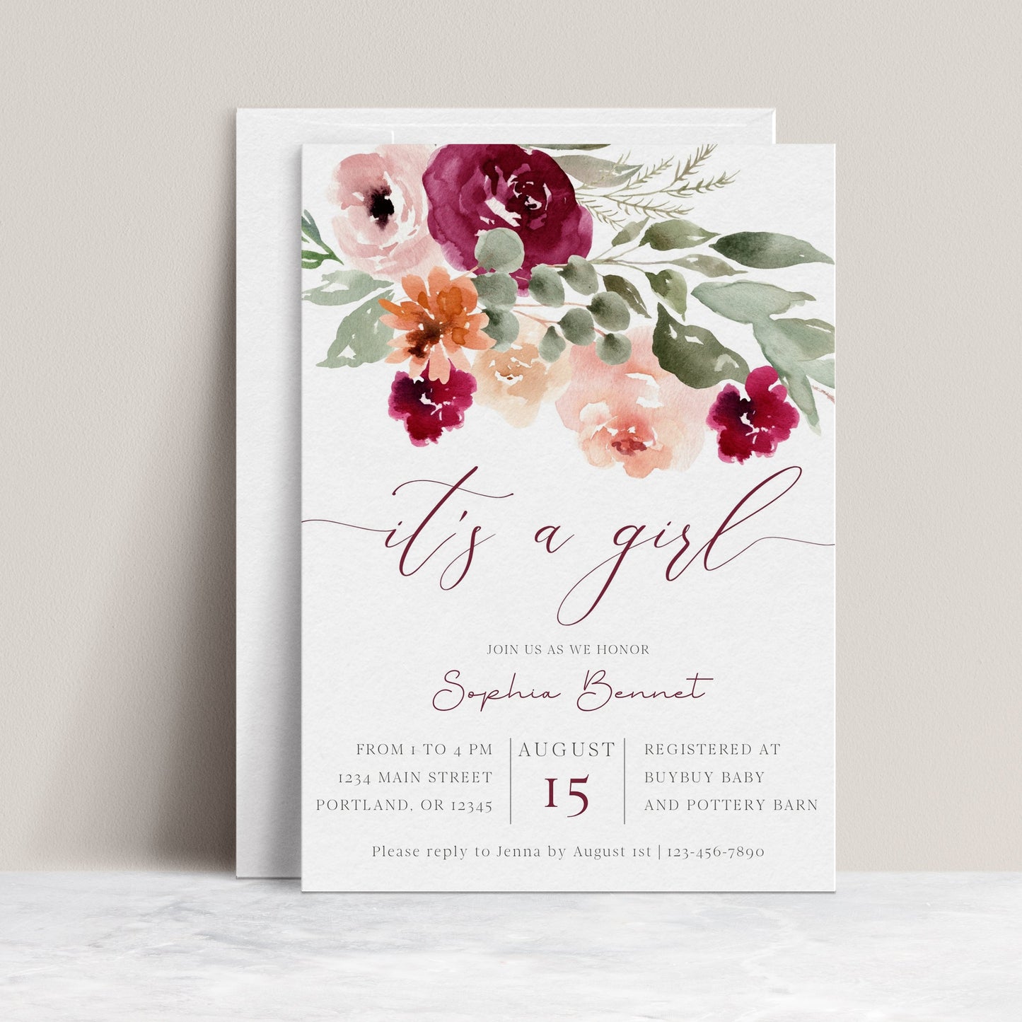 It's a girl burgundy and blush floral baby shower invitation template with watercolor roses in burgundy, peach, and sage green, editable in Canva
