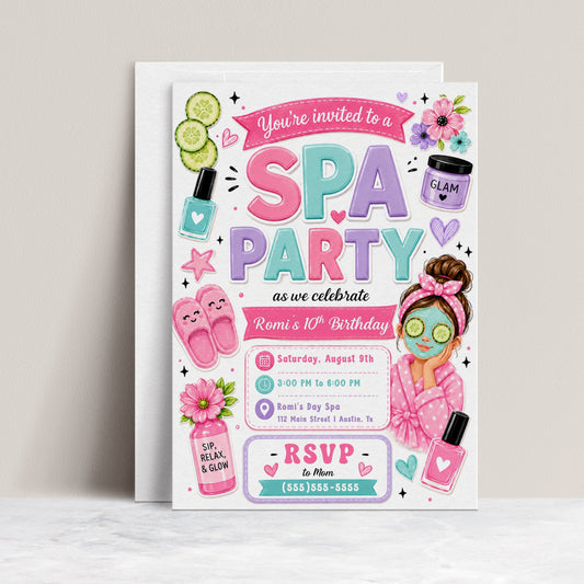 Spa party birthday invitation with face mask, robe, nail polish, cucumber slices, slippers, flowers, glam cream, hearts, and pink teal purple details