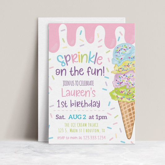 Pastel ice cream sprinkle first birthday party invitation template with watercolor ice cream cone and colorful sprinkles, editable in Canva