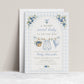 Editable blue gingham boy baby shower invitation Canva template with watercolour blueberries, clothesline scene with romper and bonnet, and script typography, shown with front and back of card