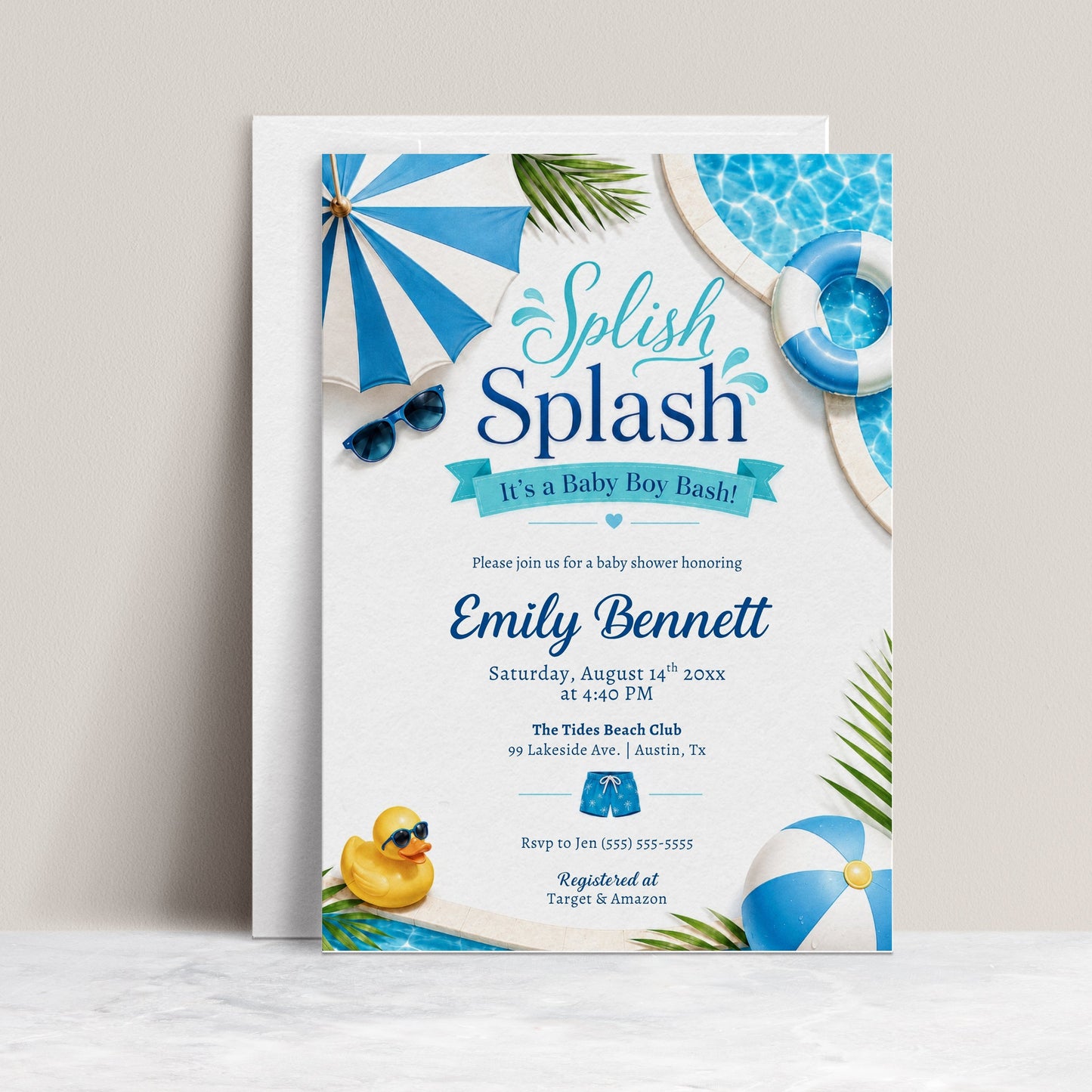 Splish splash boy baby shower invitation with a pool ring, rubber duck, and beach ball in blue and white