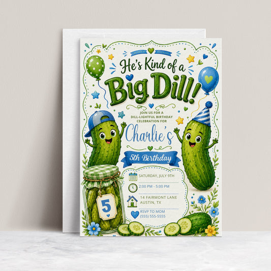 Boys Big Dill birthday invitation featuring cute pickle characters, pickle jar, balloons, party hat, blue and green details and sliced pickles.
