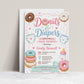 Editable donuts and diapers baby shower invitation Canva template with illustrated donuts, diapers, baby bottle, wipes, hearts and sprinkles in pink, mint, and blue on a white background