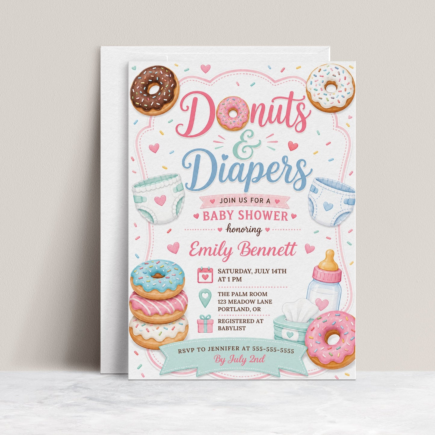 Editable donuts and diapers baby shower invitation Canva template with illustrated donuts, diapers, baby bottle, wipes, hearts and sprinkles in pink, mint, and blue on a white background