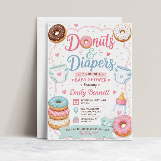 Editable donuts and diapers baby shower invitation Canva template with illustrated donuts, diapers, baby bottle, wipes, hearts and sprinkles in pink, mint, and blue on a white background