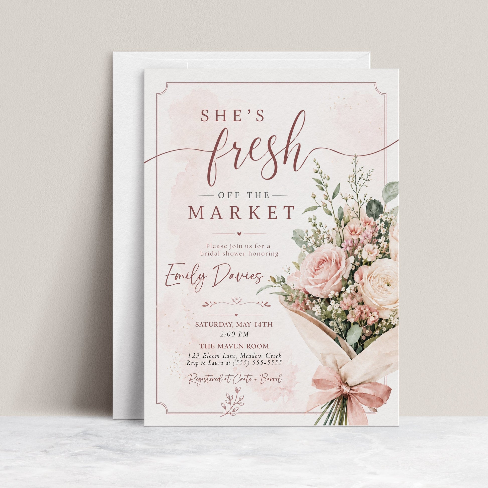 Editable fresh off the market bridal shower invitation Canva template with watercolour blush rose bouquet, baby's breath, eucalyptus, dusty rose bow, and script typography on a soft blush background with frame border