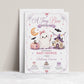 Halloween girl baby shower invitation with cute ghost, pink pumpkin, bats, crescent moon, haunted house, spiderwebs, stars, and pastel Halloween baby shower details