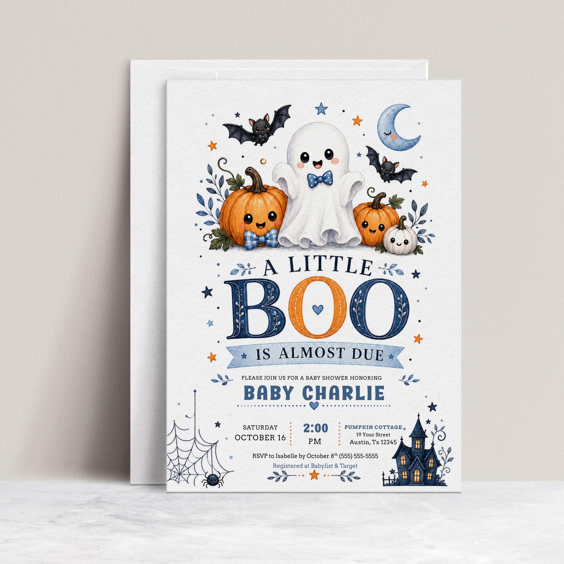 Little boo boy baby shower invitation with cute ghost, blue bow tie, pumpkins, bats, crescent moon, spiderweb, haunted house, and spooky-cute Halloween details
