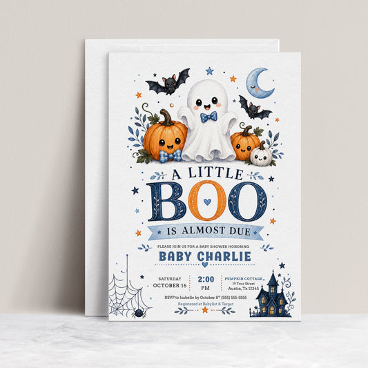 Little boo boy baby shower invitation with cute ghost, blue bow tie, pumpkins, bats, crescent moon, spiderweb, haunted house, and spooky-cute Halloween details
