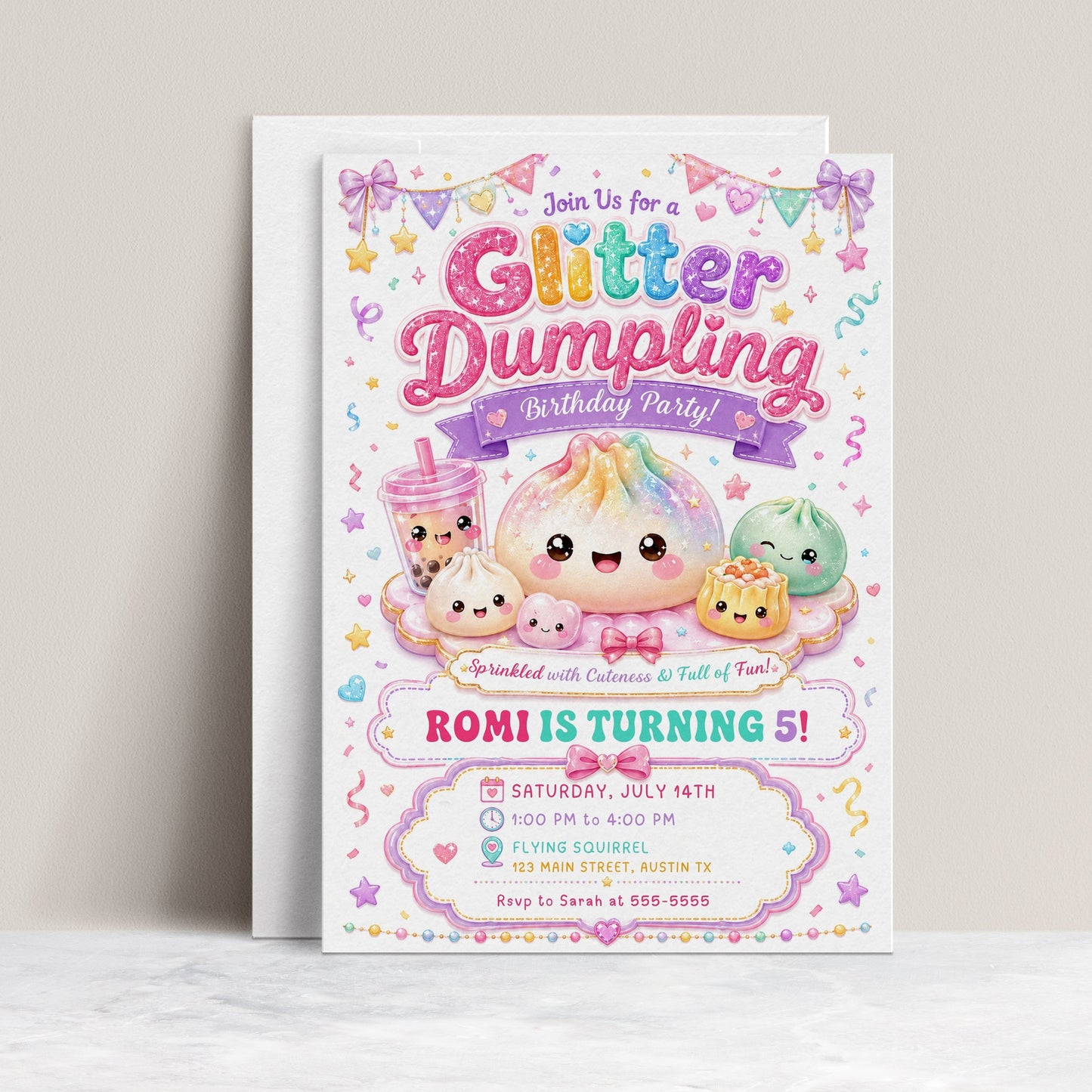 Glitter dumpling birthday invitation with kawaii dumplings, bubble tea, pastel confetti, bows, hearts, stars, rainbow lettering, and pink purple teal party details