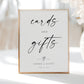 Minimalist black and white wedding cards and gifts sign template with oversized calligraphy script and elegant typography, editable in Canva