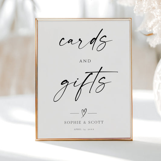 Minimalist black and white wedding cards and gifts sign template with oversized calligraphy script and elegant typography, editable in Canva