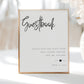 Minimalist black and white wedding guestbook sign template with bold calligraphy script and elegant spaced typography, editable in Canva