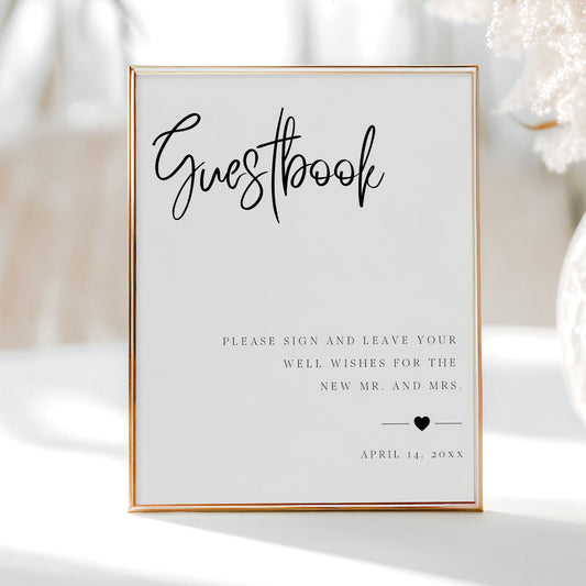 Minimalist black and white wedding guestbook sign template with bold calligraphy script and elegant spaced typography, editable in Canva