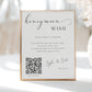 Minimalist black and white honeymoon wish sign template with calligraphy script and QR code placeholder for Venmo, editable in Canva