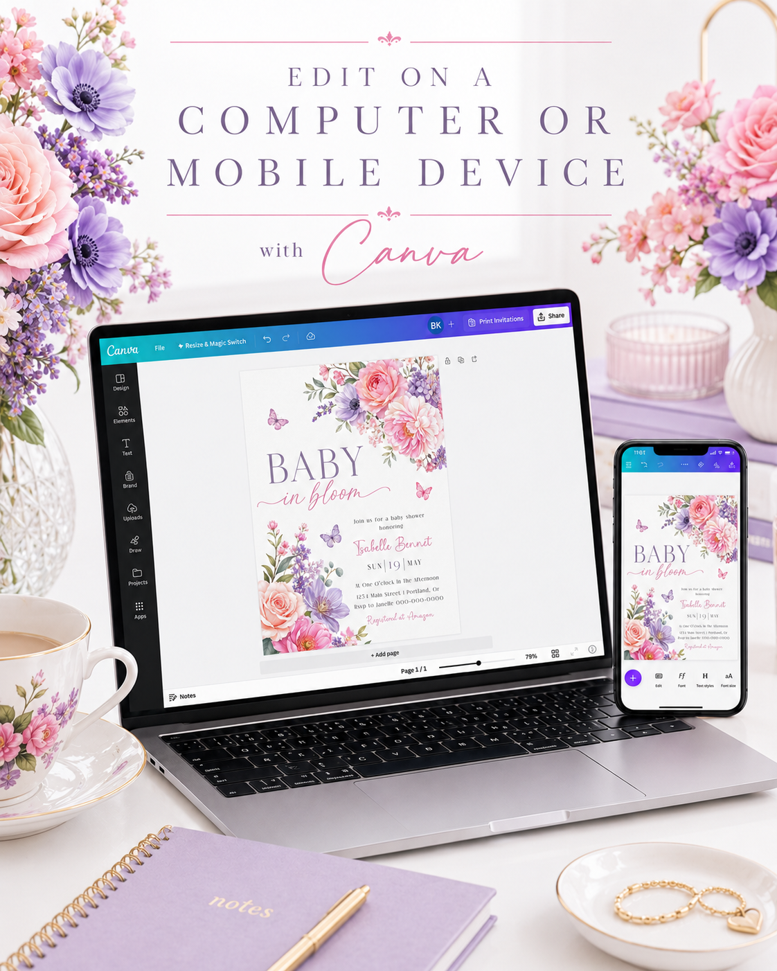 Editable baby in bloom butterfly baby shower invitation Canva template with watercolour peonies, roses, anemones, lavender, and purple and pink butterflies on a soft white background