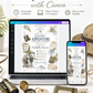 Grand adventure baby shower invitation with safari elephant, binoculars, compass, expedition tags, postage stamp, globe, mountains, greenery, and vintage explorer details